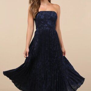Lulus Perfectly Stunning Navy Jacquard Strapless Midi Dress